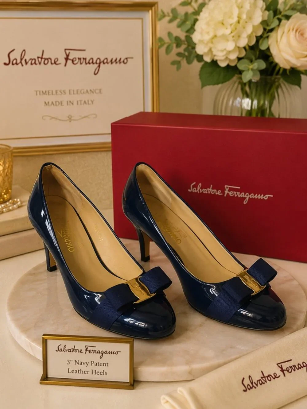 Salvatore Ferragamo Navy Patent Vara Bow Pumps Size 40 w/ Box
